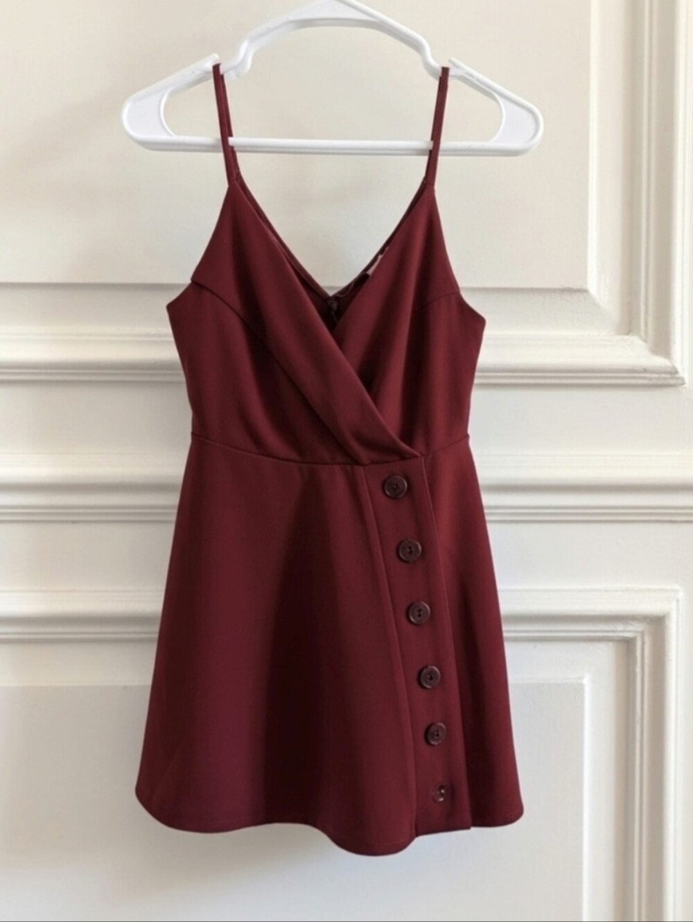 UO Burgundy Button Faux Wrap Mini Dress 00s Club Wear, Size Small - Picture 2 of 6